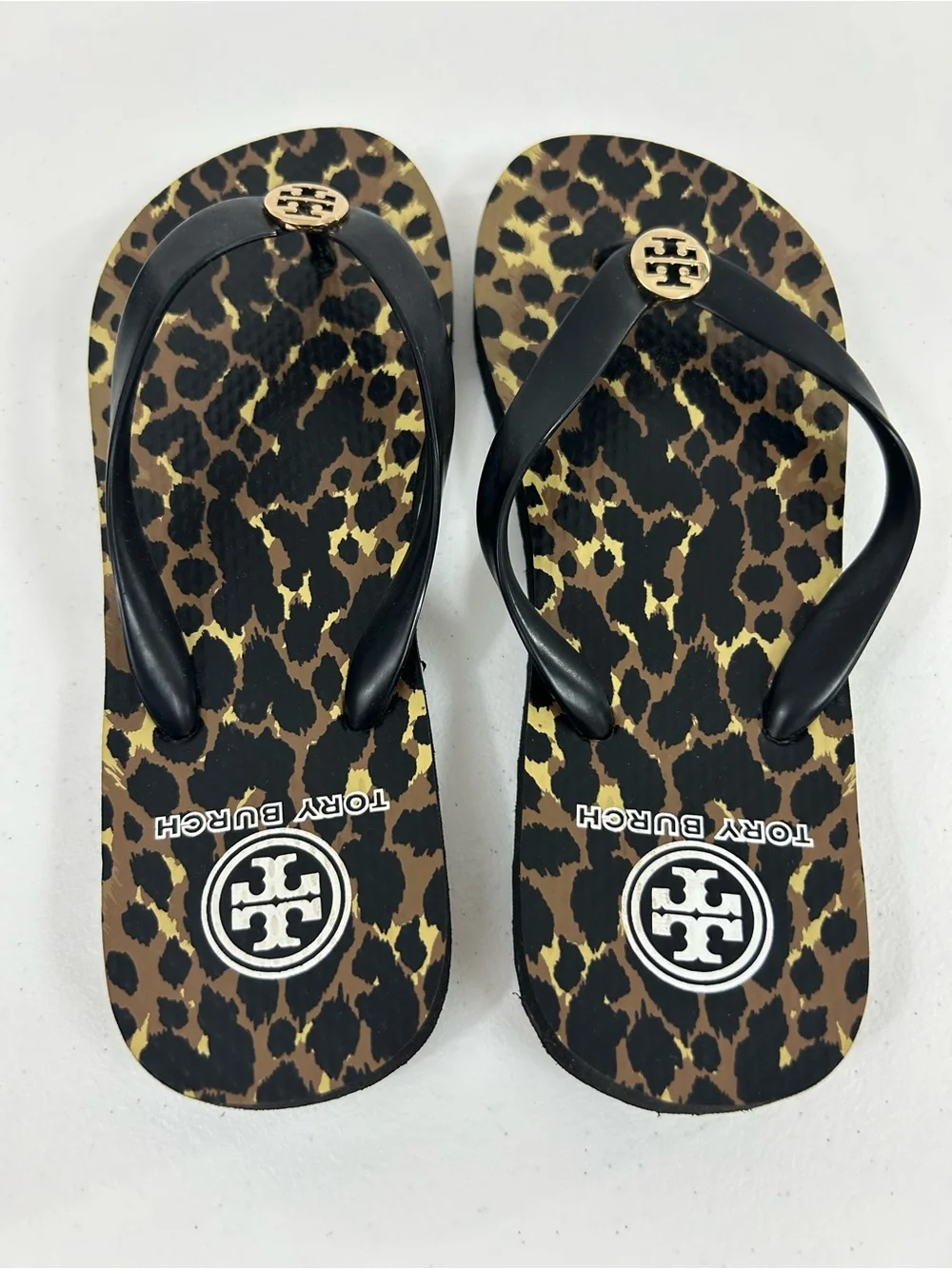 Tory Burch Black Wildlife Print Flip Flops